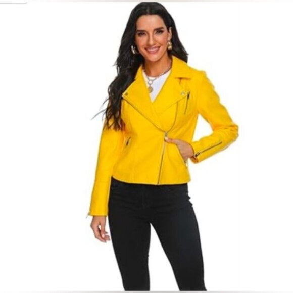 🩷 SCRJFS - Women's Faux Leather Motorcycle Jacket - Yellow. Size: L. NWT. (1784) - Picture 10 of 12